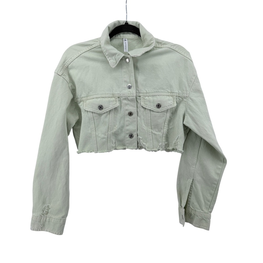 Zara Womens Sage Green Distressed Cropped Denim Jacket Raw Hem XS
